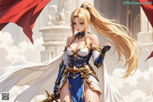A woman in a white and blue outfit holding a sword.