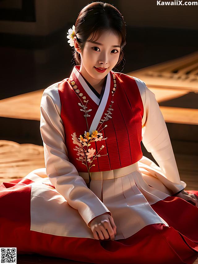 A woman in a red and white hanbok sitting on a wooden floor.