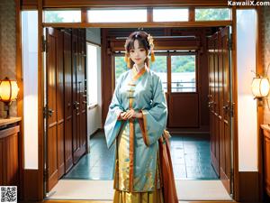 A woman in a blue kimono standing in front of a window.