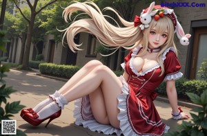 A woman in a red dress and white socks is posing for a picture.