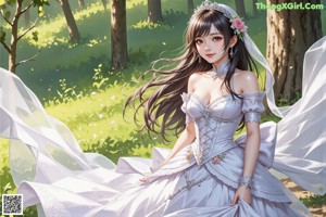 A woman in a wedding dress standing in a forest.