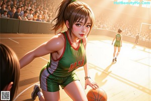 A woman in a red uniform dribbling a basketball on a court.