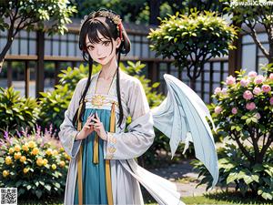 A woman in a blue and white kimono standing in front of a window.