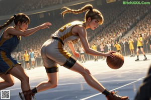 A woman in a blue and yellow uniform holding a basketball.