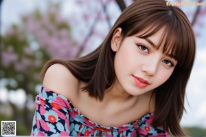 A close up of a woman wearing a blue dress with pink flowers.