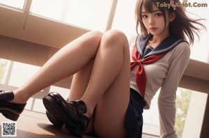 A woman in a school uniform is posing on a bed.