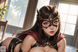 A woman in a mask is sitting on a table.