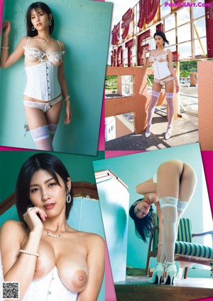 A woman in a pink lingerie posing for the camera.