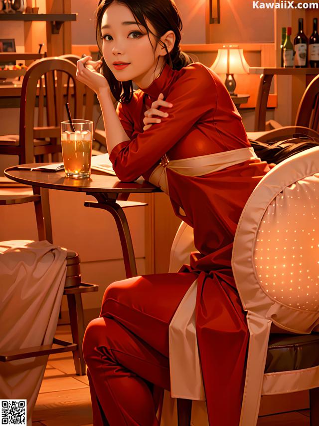 A woman in a red dress sitting at a table with a drink.