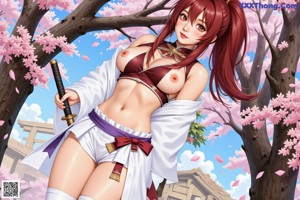 A woman in a red kimono with a purple sash and gold armlet lies amidst cherry blossoms.