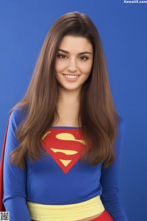 A woman in a blue sweater and black skirt posing for a picture.