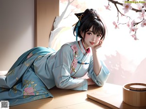 A woman in a kimono is sitting on a bed.