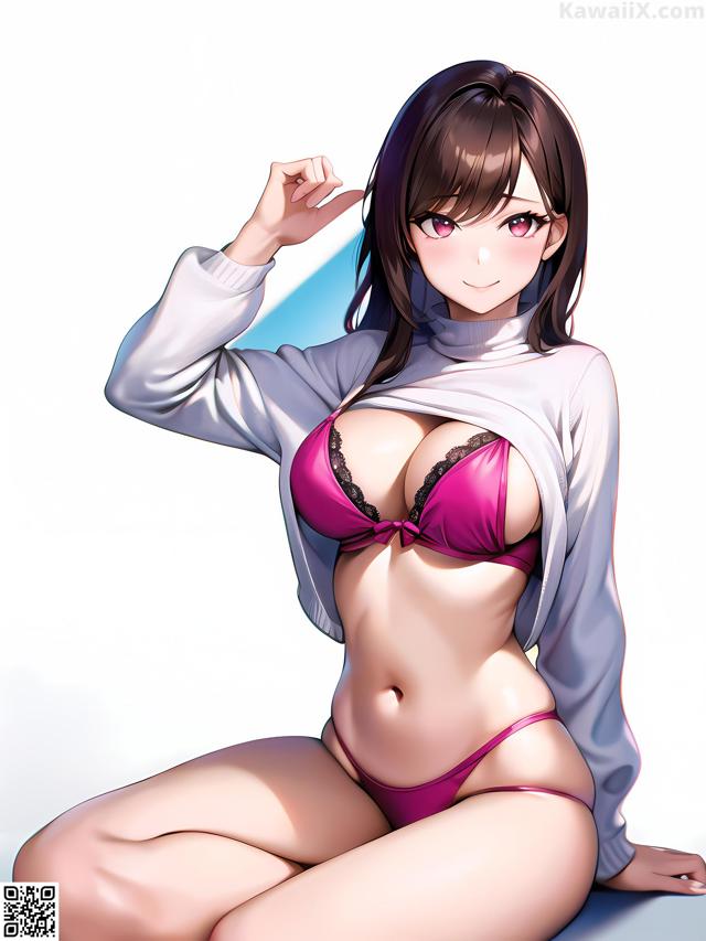 A woman in a pink bikini sitting on a bed.