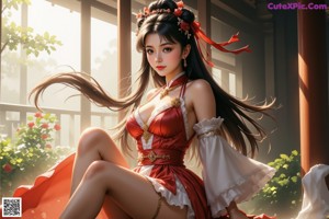 A woman in a white and red dress is posing for a picture.