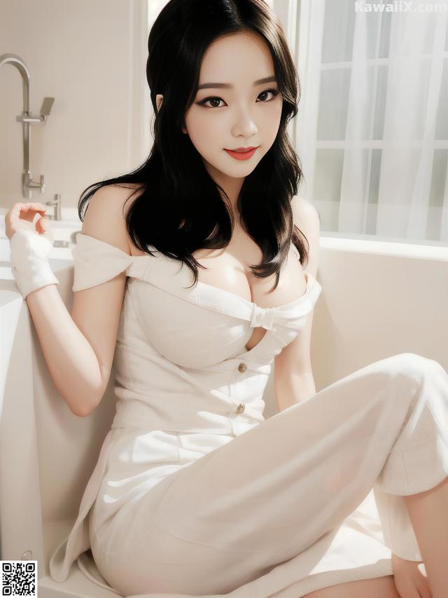 A woman in a white dress sitting in a bathtub.