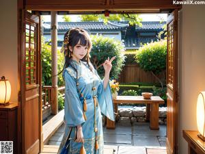 A woman in a blue kimono sitting on a bed.